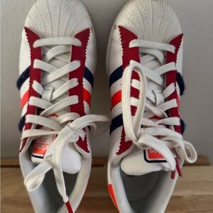 adidas White Sneakers with Red, Navy and Orange Accents